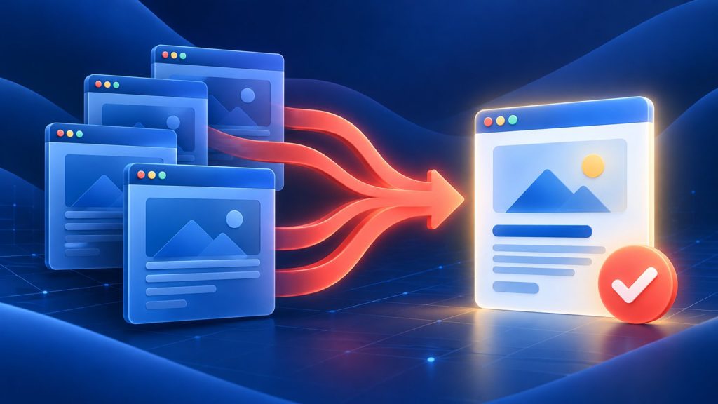 Ilustração sobre conteúdo duplicado em SEO e consolidação de páginas canónicas